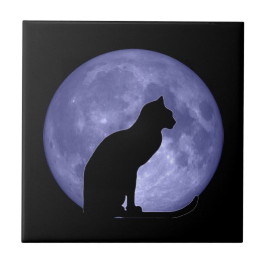 Carreau Trépied de tuile de lune bleue de chat noir (Devant)
