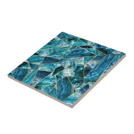 Carreau Triangle géométrique d'or de noir d'agate de bleu (Côté)