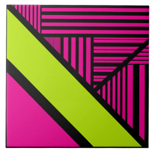 Carreau Triangle rayures en vert citron, rose chaud et noi
