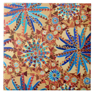 Carreau Tribal Mandala Print, Camel Tan et Denim Blue