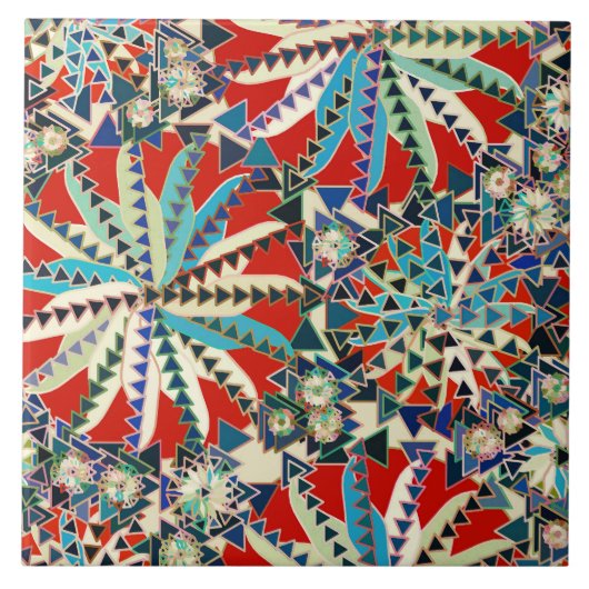 Carreau Tribal Mandala Print, Rouge, Bleu et Crème (Devant)
