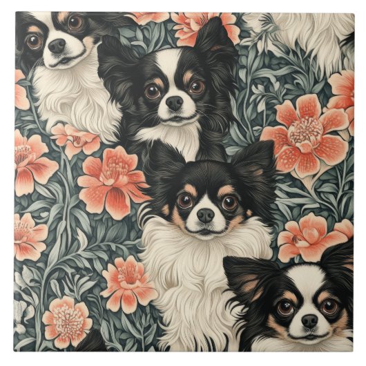 Carreau Tricolor Chihuahuas William Morris Style Floral (Devant)