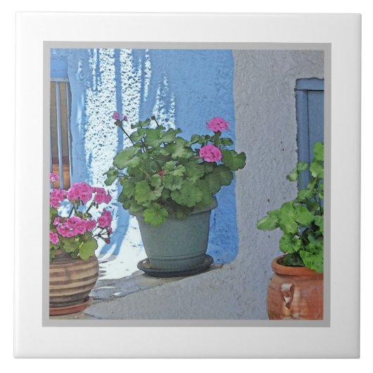 CARREAU TROIS GERANIUMS ROSE POTTÉS/MUR BLEU (Devant)