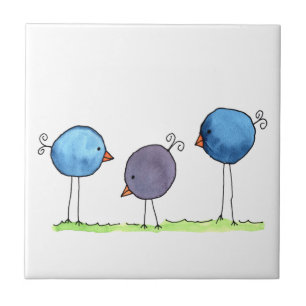 Carreau Trois oiseaux aquarelles fantaisistes
