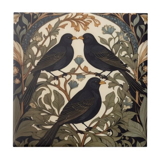 Carreau Trois oiseaux noirs William Morris Inspiré (Devant)