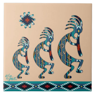 Carreau Trois tuile en céramique Turquoise Kokopelli