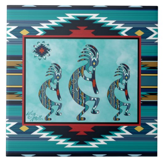 Carreau Trois tuile en céramique Turquoise Kokopelli (Devant)