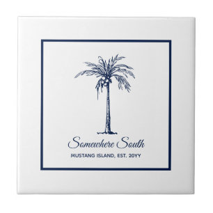 Carreau Tropical Navy Blue Blanc Palmier Personnalisé