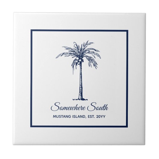 Carreau Tropical Navy Blue Blanc Palmier Personnalisé (Devant)