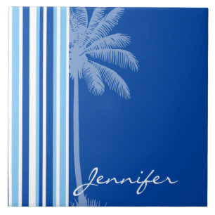 Carreau Tropical Palm; Blue & White Stripes