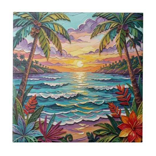 Carreau Tropical Paradise | Coastal Beach Scene Impasto (Devant)