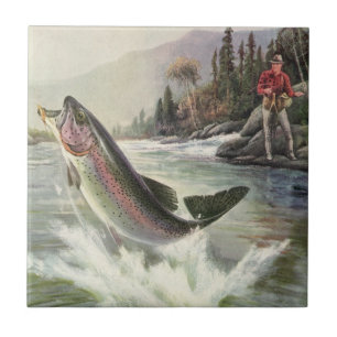 Carreau Truite arc-en-ciel, pêcheur de poissons vintage pê