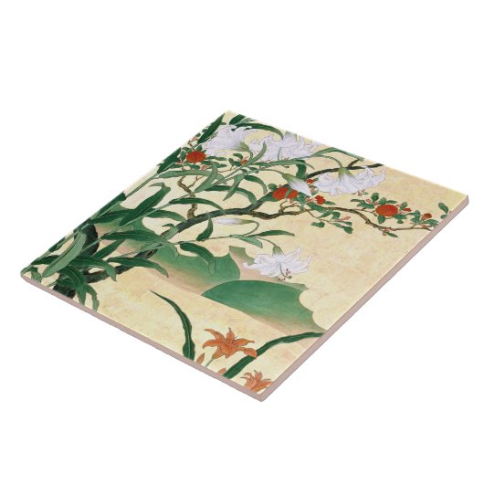 Carreau Tuile asiatique de fleurs de roses rouges de lis (Côté)