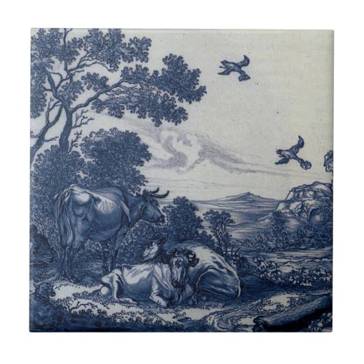 Carreau Tuile bleue antique de Delft - bétail et oiseaux (Devant)
