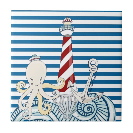 Carreau Tuile bleue et blanche nautique de rayure (Devant)