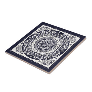 Carreau Tuile en céramique d'art de mandala bleu de minuit
