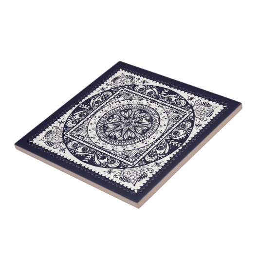 Carreau Tuile en céramique d'art de mandala bleu de minuit (Côté)