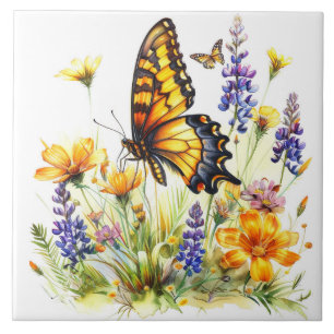 Carreau Tuile en céramique papillon et Fleur sauvage
