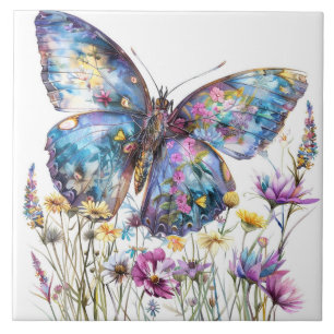 Carreau Tuile en céramique papillon et Fleur sauvage
