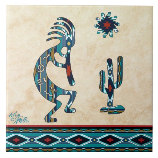Carreau Tuile en céramique Turquoise Kokopelli (Devant)