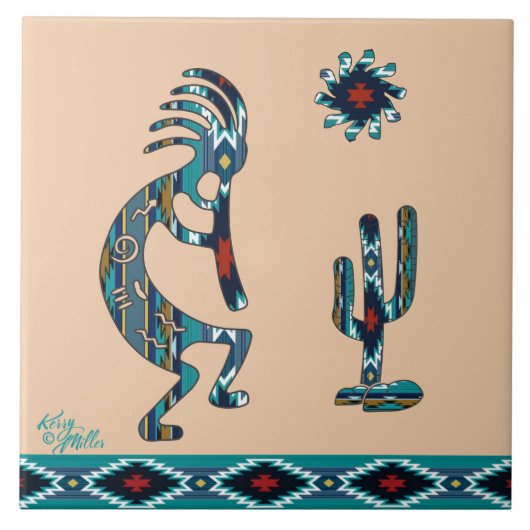 Carreau Tuile en céramique Turquoise Kokopelli (Devant)