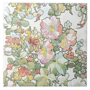 Carreau Tuile florale de roses trémière de Nouveau d'art