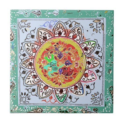Carreau Tuile florale jaune verte indienne (Devant)