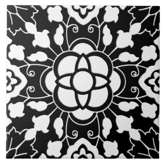 Carreau Tuile marocaine florale, noire et blanche (Devant)