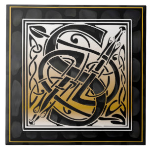 Carreau Tuile noire celtique d'initiale de monogramme de