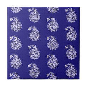Carreau Tuile persane Paisley - blanc sur le bleu d'indigo
