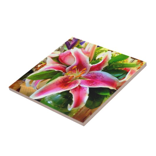 Carreau tuile rose de lis d'astronome (Côté)