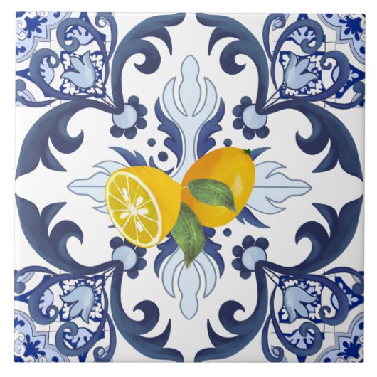 Carreau Tuiles portugaises, azulejo, citrons, agrumes (Devant)