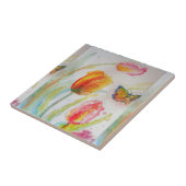 Carreau Tulipe rose d'aquarelle en céramique florale (Côté)