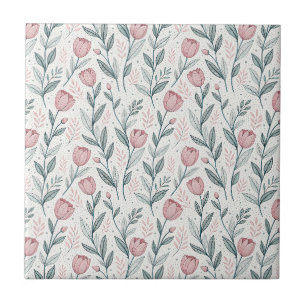 Carreau Tulipe rose délicate & motif floral à dessin linéa