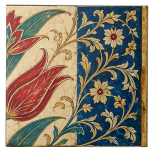 Carreau Tulipe rouge Cobalt Blue Ottoman Floral