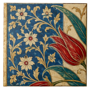 Carreau Tulipe rouge sur l'art floral bleu de cobalt