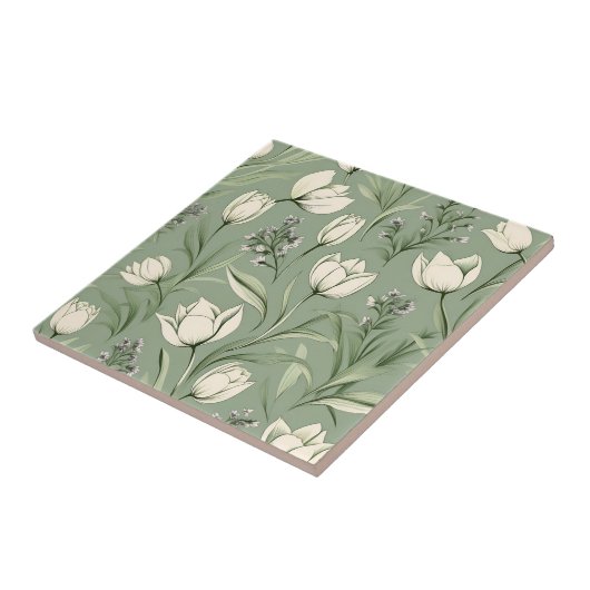 Carreau Tulipes Avec Feuilles Sur Vert Sage Clair (Côté)