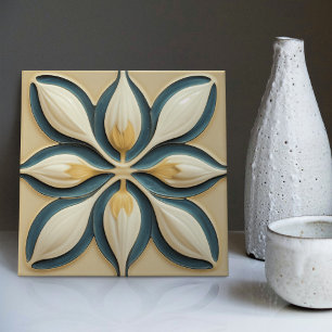 Carreau Tulipes blanches sur Art Déco Bleu Symétrique