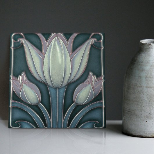 Carreau Tulipes blanches sur l'Art Nouveau symétrique bleu