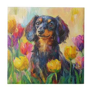 Carreau Tulipes colorées Dachshund mignonne Peinture