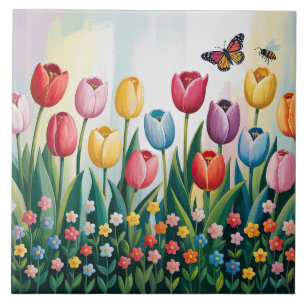 Carreau Tulipes et papillons de printemps Floral coloré