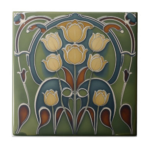 Carreau Tulipes florales jaunes Art Nouveau vintage