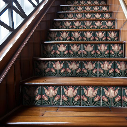 Carreau Tulipes roses poussiéreuses sur l'Art Nouveau symé