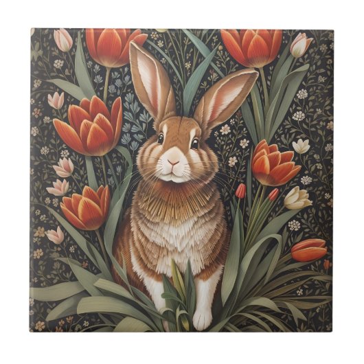 Carreau Tulipes rouges Brown de lapin William Morris inspi (Devant)