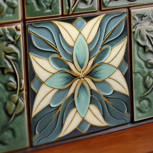 Carreau Tulipes sur bleu bouché Art Nouveau blanc