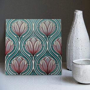 Carreau Tulipes violettes sur Art nouveau bleu symétrique