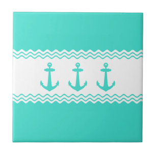 Carreau Turquoise Blanc Rayure Ancre Nautique Côtière
