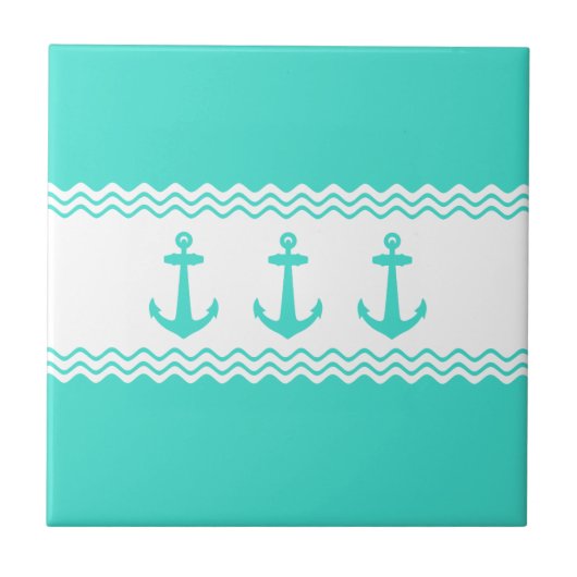 Carreau Turquoise Blanc Rayure Ancre Nautique Côtière (Devant)
