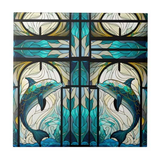 Carreau Turquoise Bleu Blanc Dauphin Faux Mosaïque Vitrail (Devant)