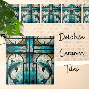 Carreau Turquoise Bleu Blanc Dauphin Faux Mosaïque Vitrail